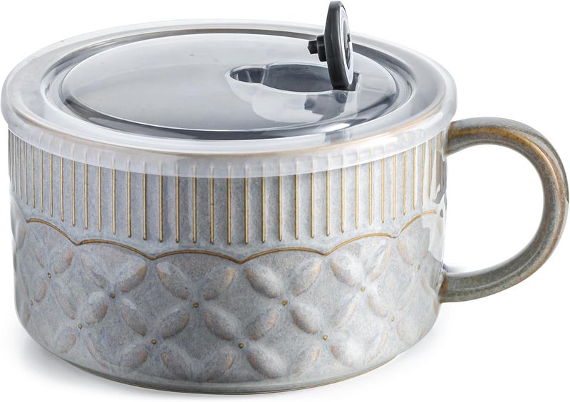 Gomakren Soup Bowl with Handle 39oz, Ramen Bowl with Lid, Ceramic Soup Container Mug Cup for Ramen Cereal Office Lunch Dorm, Microwave Safe, Gray - Image 1