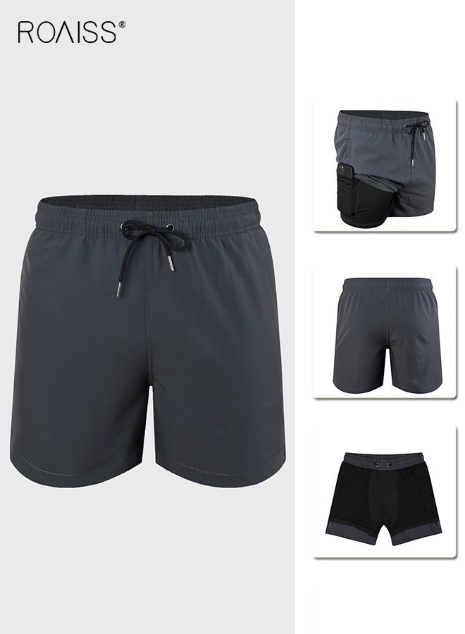 roaiss Running Fitness Pants for Men Summer Quick Drying Tight Casual Beach Shorts Men's Bathing Suits with Pockets Surfing Swimming Trunks with Compression Liner 2 in 1 Grey  - Image 1