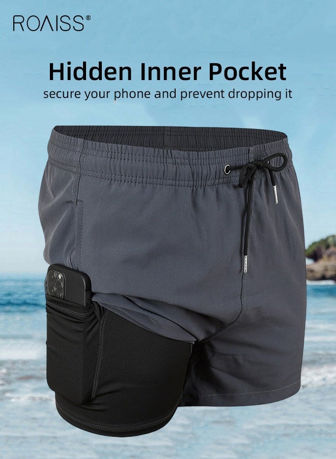 roaiss Running Fitness Pants for Men Summer Quick Drying Tight Casual Beach Shorts Men's Bathing Suits with Pockets Surfing Swimming Trunks with Compression Liner 2 in 1 Grey  - Image 4