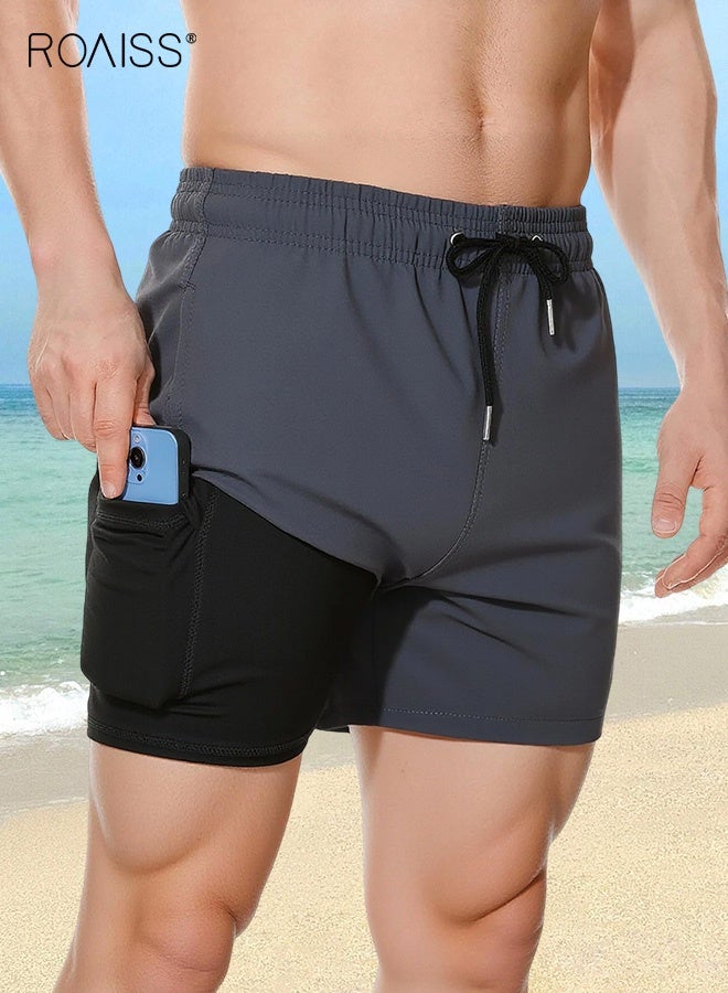 roaiss Running Fitness Pants for Men Summer Quick Drying Tight Casual Beach Shorts Men's Bathing Suits with Pockets Surfing Swimming Trunks with Compression Liner 2 in 1 Grey  - Image 2