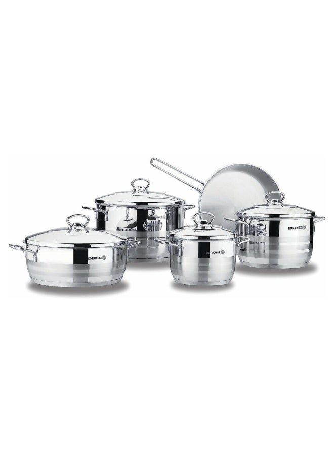 ASTRA 9 PCS STAINLESS STEEL COOKWARE SET | INDUCTION COMPATIBLE POTS AND PANS SET | SILVER - KA2020 SILVER