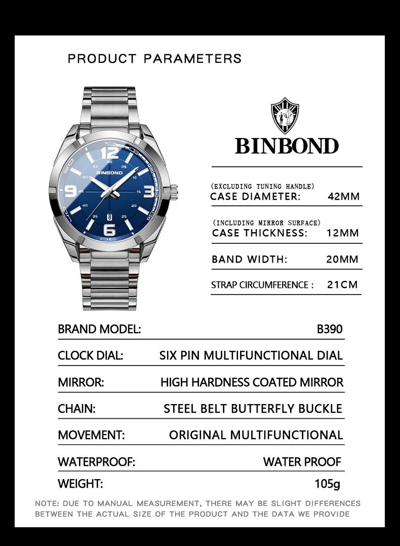 بينبوند ساعة يد رجالية كاجوال عصرية من الكوارتز مقاومة للماء ومضيئة ورياضية للأعمال - Image 4