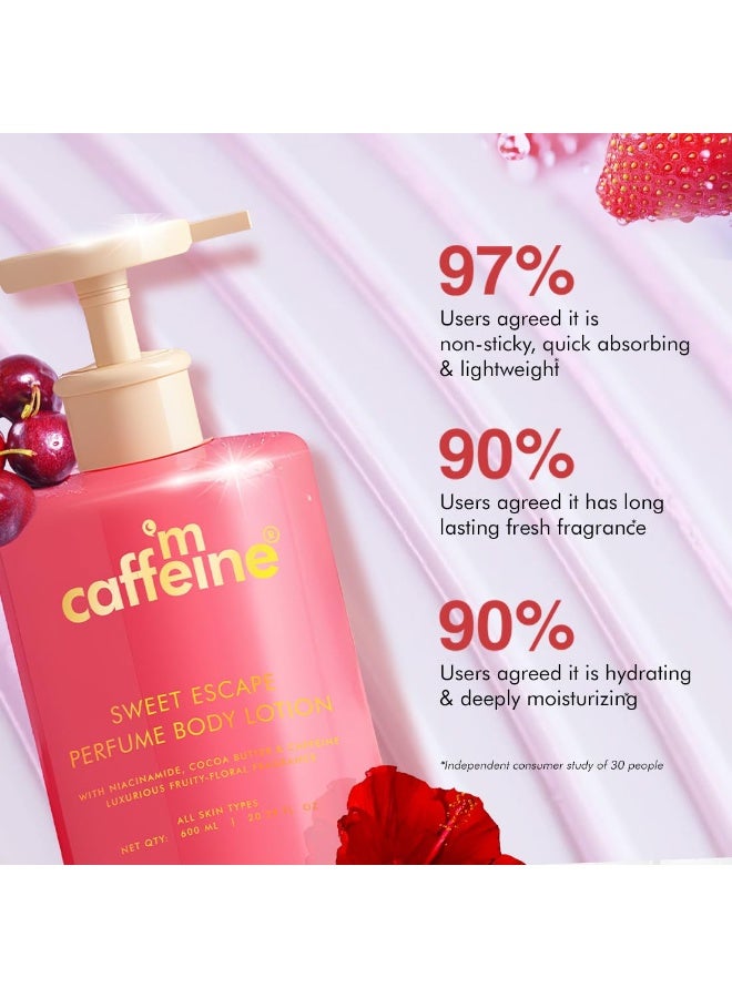 mCaffeine Sweet Escape Perfume Body Lotion | Niacinamide, Cocoa Butter & Shea Butter For Deep Moisturization | Lightweight, Non-Sticky | Fruity-Floral Fragrance | Body Lotion For Dry Skin - 600ml - Image 2