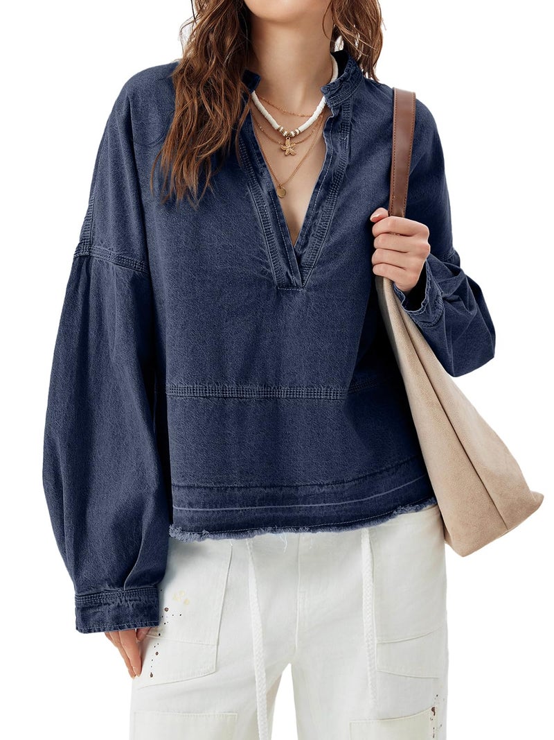 PLNOTME Womens Denim Tops Pullover Trendy Casual V Neck Loose Fit Puff Sleeve Jean Cotton Shirts - Image 2