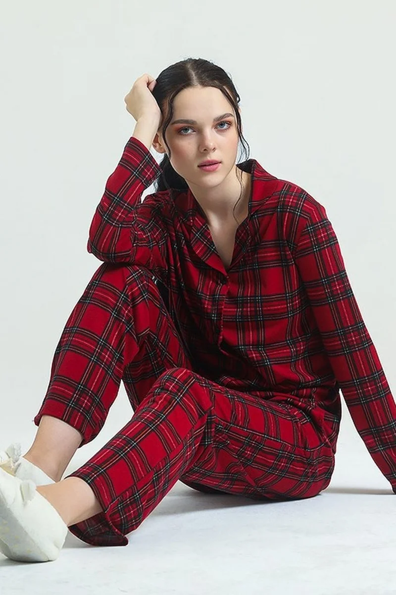 Magic Form 17864 Women's Burgundy Combed Cotton Buttoned Plaid Pajama Set