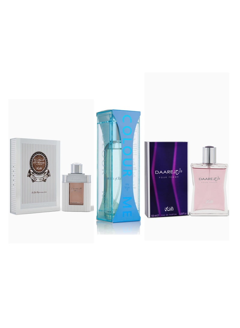 كولور مي مجموعة من 3 عطور رصاصي الوسام، رصاصي دارج بور فيم، وكولور مي سكاي بلو، مجموعة عطر للجنسين - 300 مل (عطور تدوم طويلاً) - Image 1