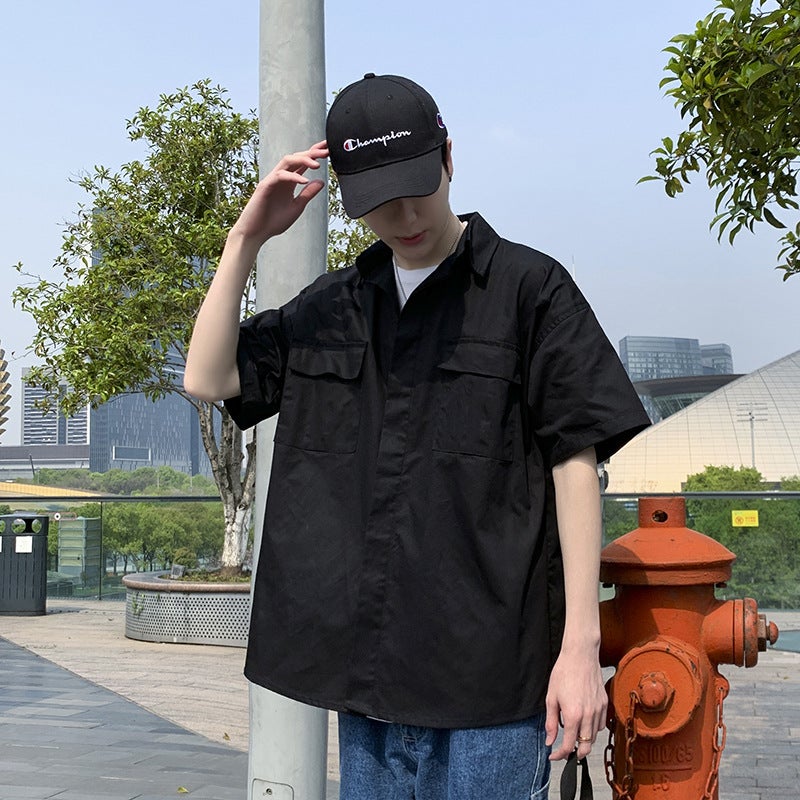 Summer ins Retro Functional Style Five-point Short-sleeved Work Shirt Mens Korean-style Loose Couples Casual Half-sleeved Shirt Black  - Image 4