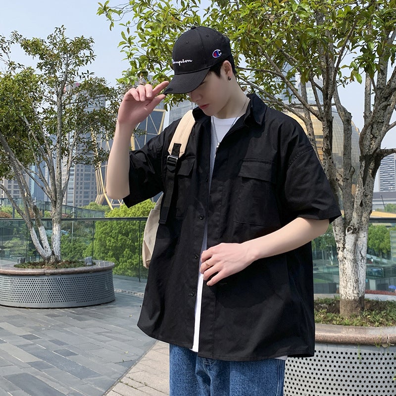 Summer ins Retro Functional Style Five-point Short-sleeved Work Shirt Mens Korean-style Loose Couples Casual Half-sleeved Shirt Black  - Image 1