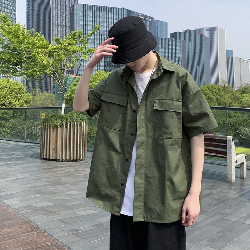 Summer ins Retro Functional Style Five-point Short-sleeved Work Shirt Mens Korean-style Loose Couples Casual Half-sleeved Shirt Black  - Image 2