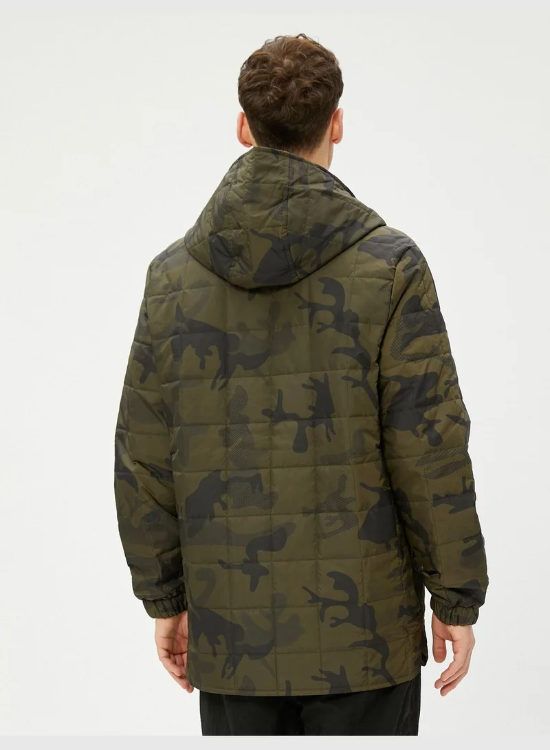 KOTON Puffer Coat Hooded Camouflage Printed Pocket Detailed