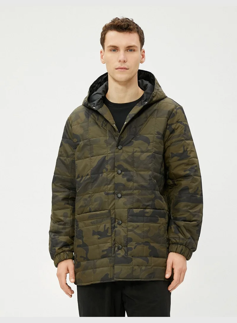 KOTON Puffer Coat Hooded Camouflage Printed Pocket Detailed