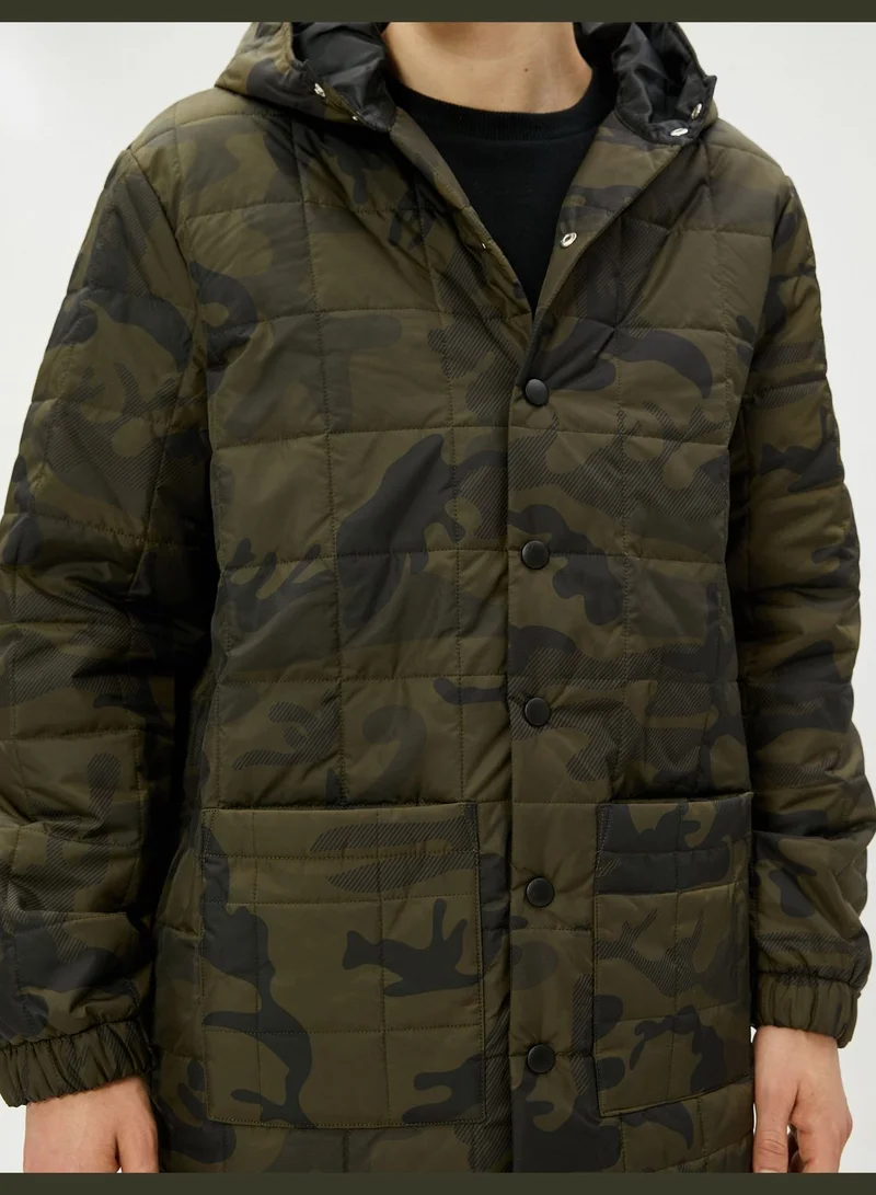 KOTON Puffer Coat Hooded Camouflage Printed Pocket Detailed