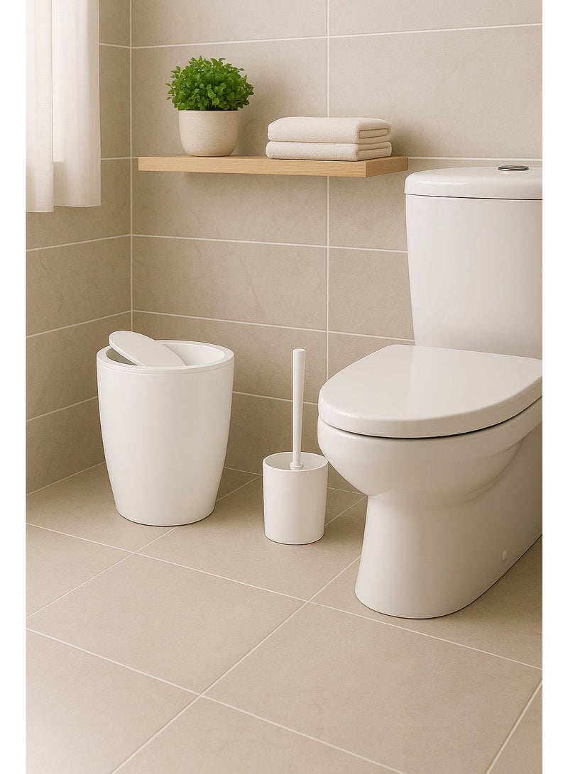 Primanova 2-Piece Matte Plastic Bathroom Set – 7.5 Liter Swing-Lid Waste Bin & Soft-Bristle Toilet Brush with Holder for Bathroom & Kitchen (White) - Image 3