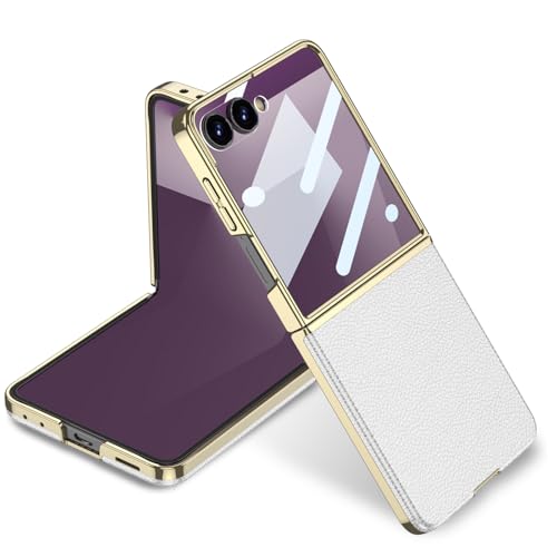 Midkart Leather Case Compatible with Samsung Galaxy Z Flip 7 Release 2025 Electroplated Hard PC Lightweight with Independent Camera Protection Cover, White - Image 1