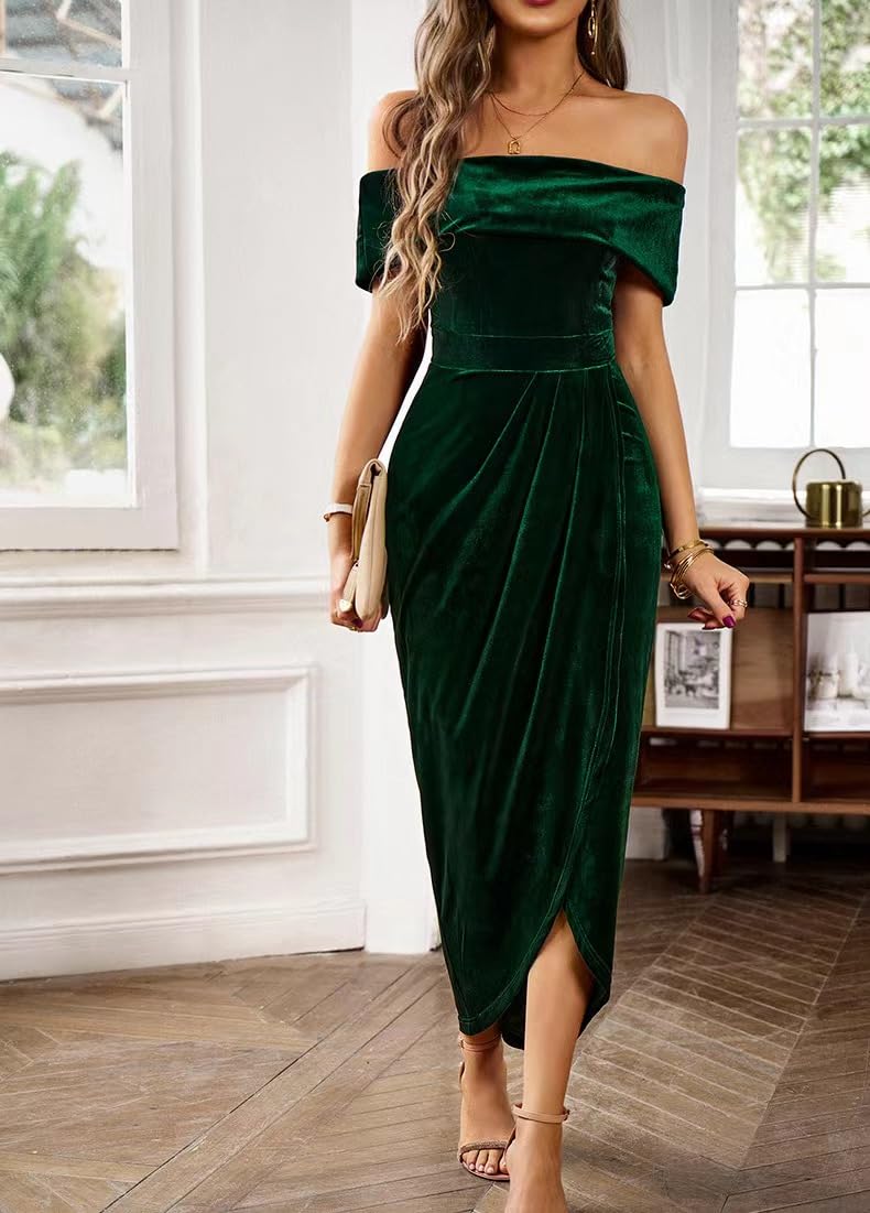 Sumleno Off The Shoulder Vintage Velvet Bodycon Midi Dress for Women Wrap Slit Elegant Cocktail Party Evening Pencil Dress (S,Green) - Image 3