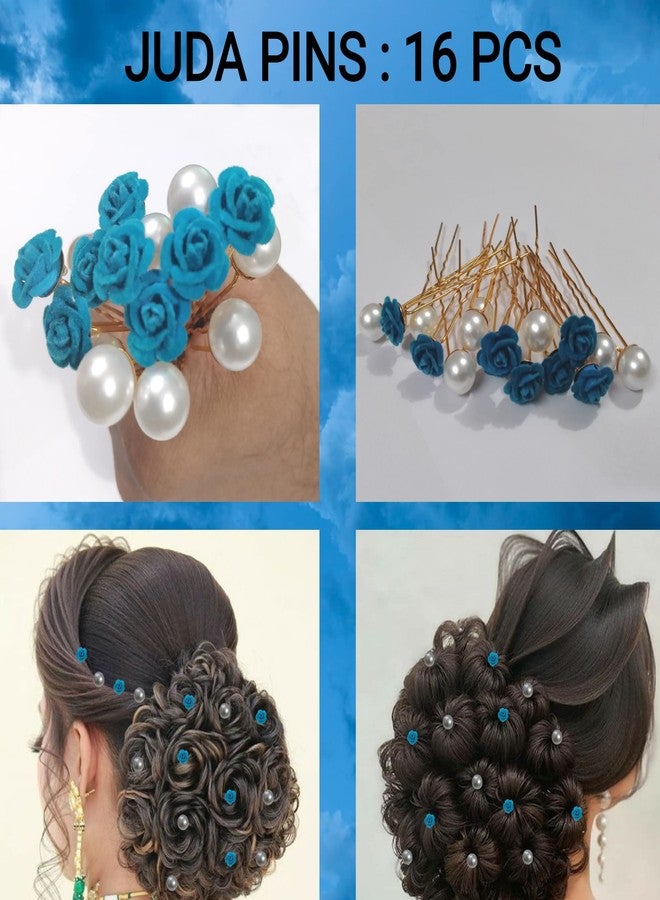 PRODUCTMINE مجموعة دبابيس شعر العروس من PRODUCTMINE® / دبابيس جودا ذهبية فاخرة مع وردة زرقاء صناعية ولآلئ بيضاء للنساء والفتيات - مجموعة من 16 قطعة - Image 3