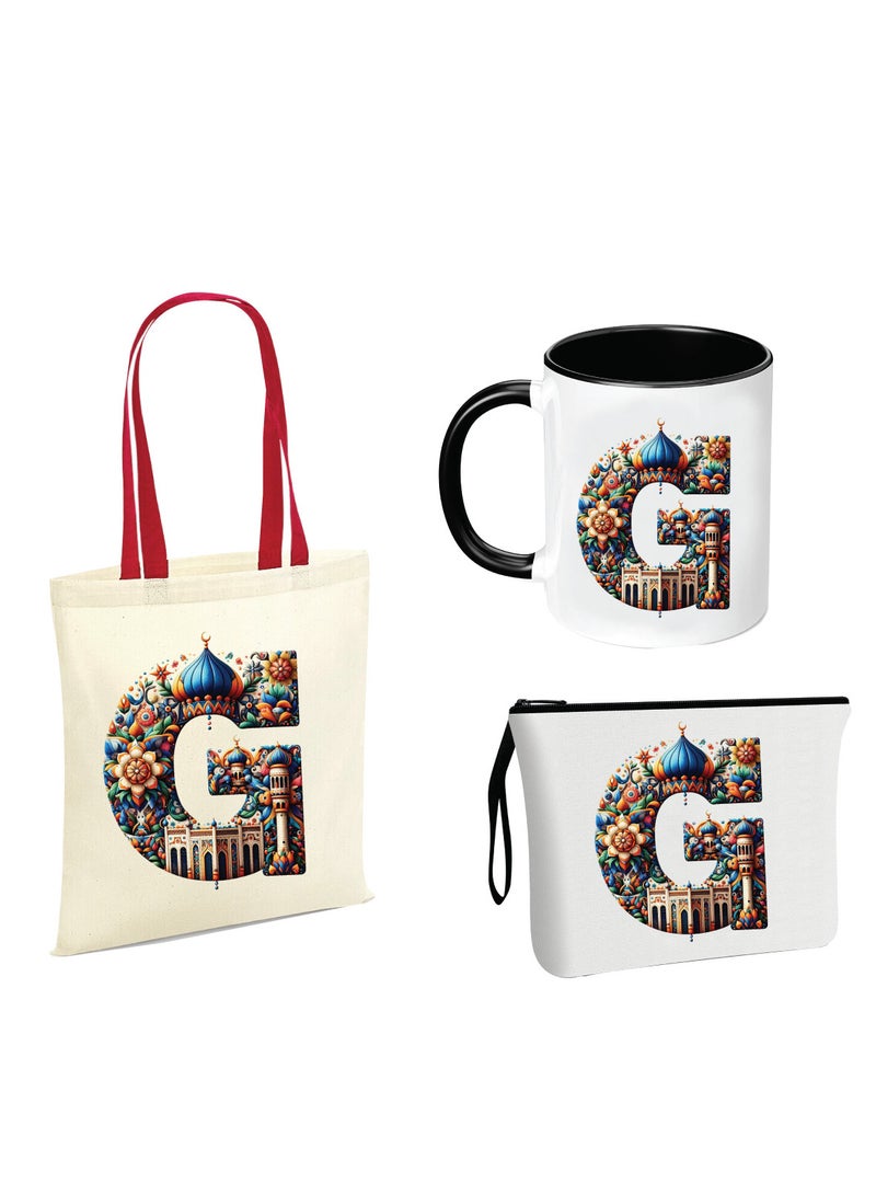 PRINTSHOP4ME Pack of 3 Initial Monogram Gift Set - Black Coffee Mug, Cosmetic Bag and Cotton Tote bag Set - Gift Set for Her - Perfect for Ramadan, School, Travel and Birthday Gift - Image 1