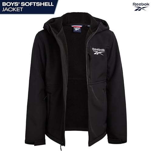 Reebok Boys Softshell Jacket - Soft Cozy Brushed Sherpa Fleece Lined Softshell Winter Coat Hooded Windbreaker Jacket for Boys, Size 10-12, Black Ink - Image 3