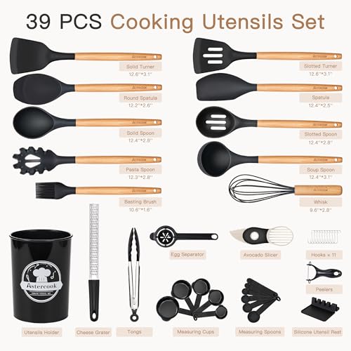 Astercook Kitchen Utensils Set, 39 PCS Silicone Cooking Utensils Set with Wooden Handle, 446°F Heat Resistant Food Grade Utensil Sets, BPA Free Kitchen Gadgets Tools Set for Nonstick Cookware (Black) - Image 2