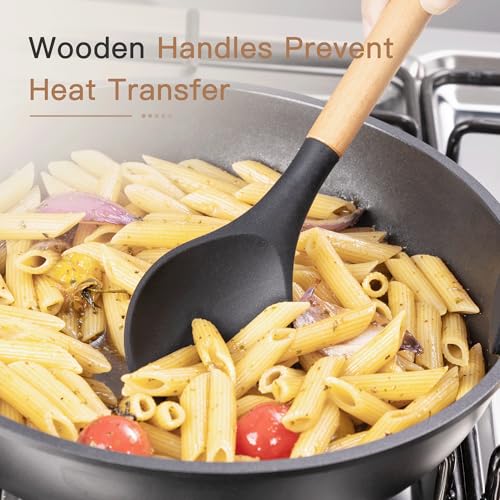 Astercook Kitchen Utensils Set, 39 PCS Silicone Cooking Utensils Set with Wooden Handle, 446°F Heat Resistant Food Grade Utensil Sets, BPA Free Kitchen Gadgets Tools Set for Nonstick Cookware (Black) - Image 4