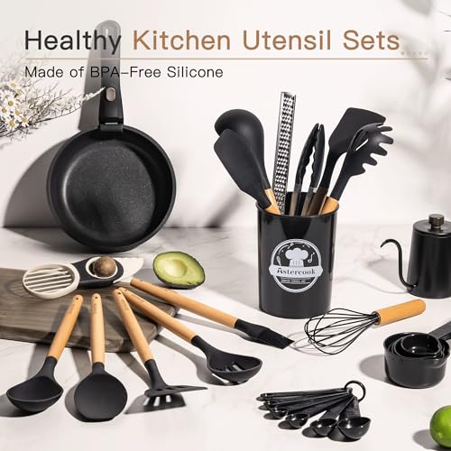 Astercook Kitchen Utensils Set, 39 PCS Silicone Cooking Utensils Set with Wooden Handle, 446°F Heat Resistant Food Grade Utensil Sets, BPA Free Kitchen Gadgets Tools Set for Nonstick Cookware (Black) - Image 3