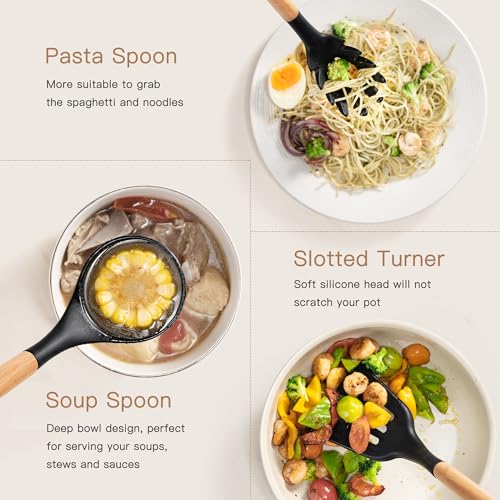 Astercook Kitchen Utensils Set, 39 PCS Silicone Cooking Utensils Set with Wooden Handle, 446°F Heat Resistant Food Grade Utensil Sets, BPA Free Kitchen Gadgets Tools Set for Nonstick Cookware (Black) - Image 5