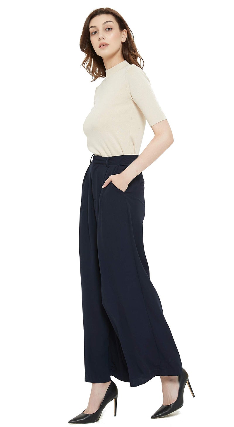 Tronjori Women High Waist Casual Wide Leg Long Palazzo Pants Trousers Regular Size(XL, Navy Short) - Image 2