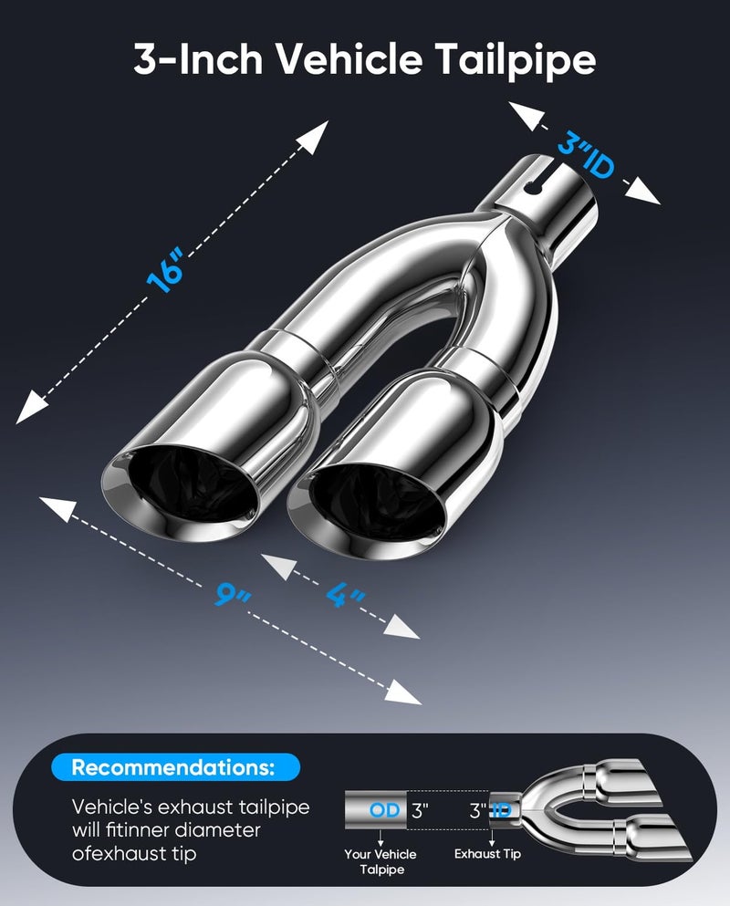 LYLCDDP 3" Dual Exhaust Tip,3''(ID) Inlet 4''outlet 16" Long Tail Pipe, Double Wall Polished Stainless Steel Exhaust Tip, Car Tailpipe,Includes Clamp for Easy Installation - Image 2