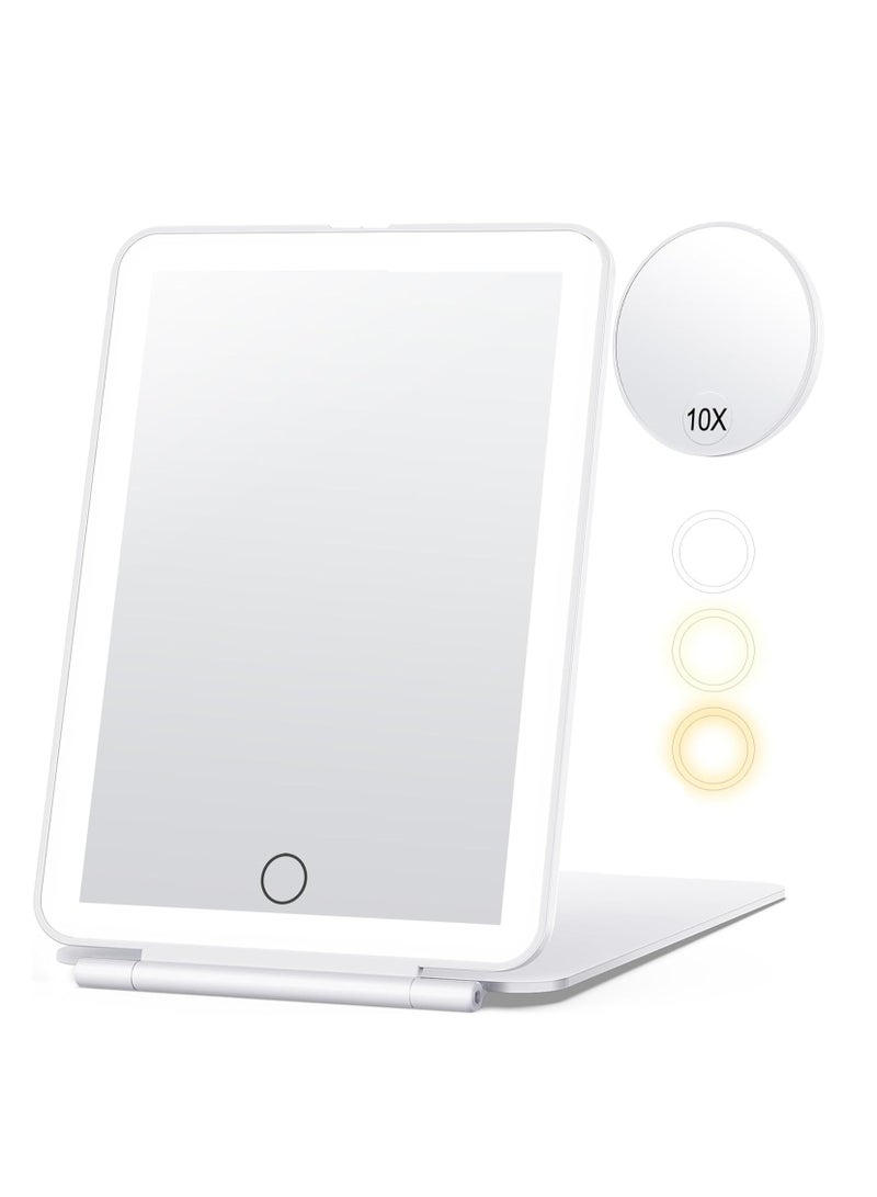 عام مرآة مكياج قابلة لإعادة الشحن للسفر، مرآة فانيتي تعمل باللمس مع مرآة مكبرة 10 مرات، 3 ألوان إضاءة 80 ليد، بطارية 2000 مللي أمبير، مرآة مكياج محمولة رفيعة للغاية وقابلة للطي ومضاءة - Image 1