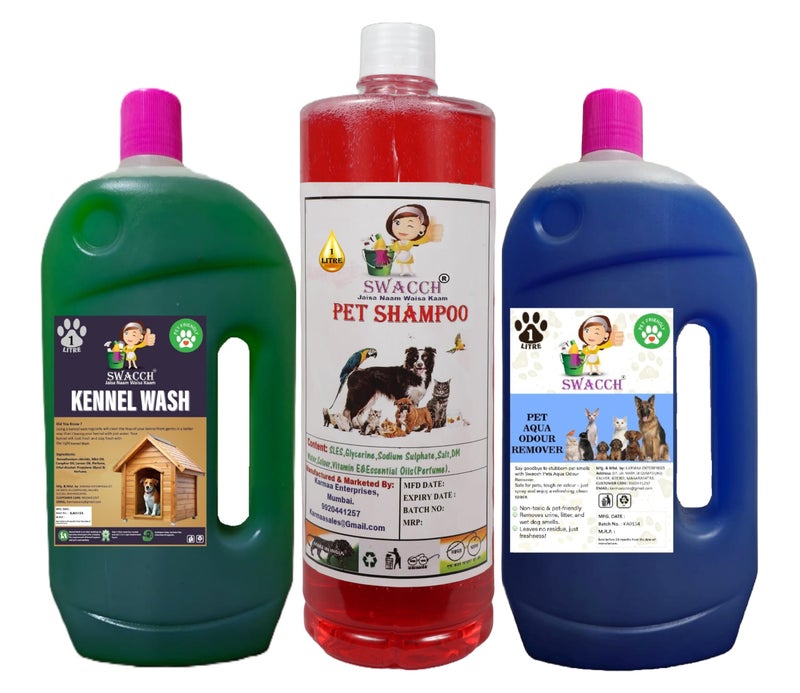 swacch Kennel Wash (Jasmine) + Pet Shampoo (Strawberry) I Pet Aqua Odour Remover (Lavender) 1 Litre Combo Pack of 3 Economical Pack I Dog and Cat Friendly - Image 1