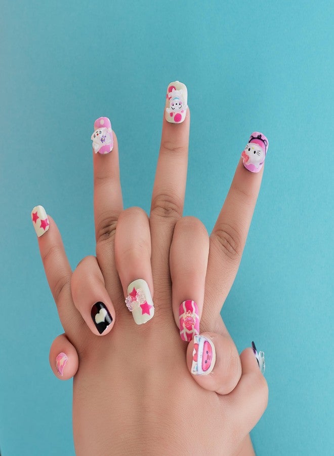 CherryBox Beautiful 3D Cartoon Nails Set of 12 Pieces for Kids and Adults - Cute Kawaii Resin Art Design (Multicolour, 1) - Image 2