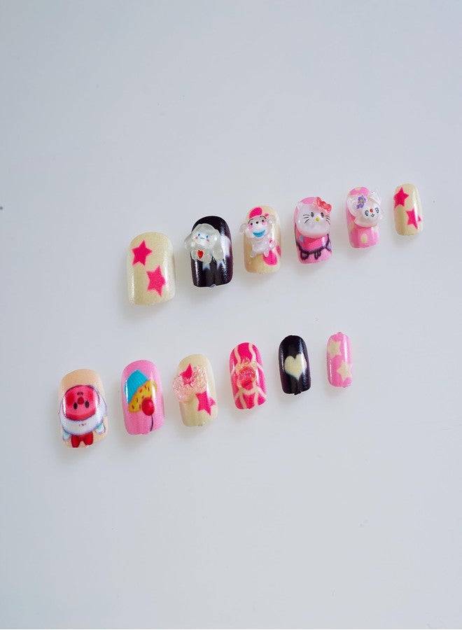 CherryBox Beautiful 3D Cartoon Nails Set of 12 Pieces for Kids and Adults - Cute Kawaii Resin Art Design (Multicolour, 1) - Image 3