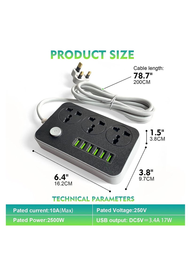 erorex SKY-TOUCH Power Strips Extension Cord 3 Outlets, Power Socket with 6 USB Ports Universal Charging Socket with 2M Bold Extension Cord  - Image 4