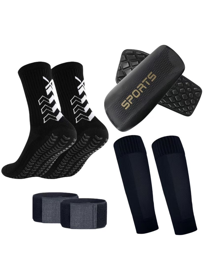 Sports Four Piece Set Skidproof Soccer Socks Nylon Pocket Shin Guard Sleeves Calf Compression Socks For Soccer Football  Adjustable Shin Guard Straps(Black) - Image 1