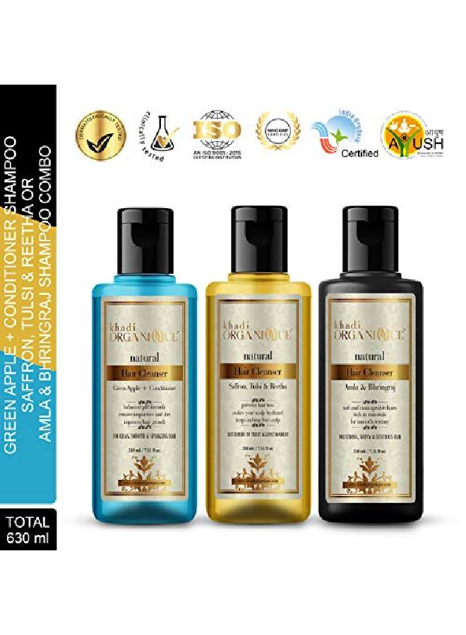 Khadi ORGANIQUE Amla & Bhringraj Saffron Tulsi & Green Apple Shampoo Pack of 3 (630 ML) - Image 4