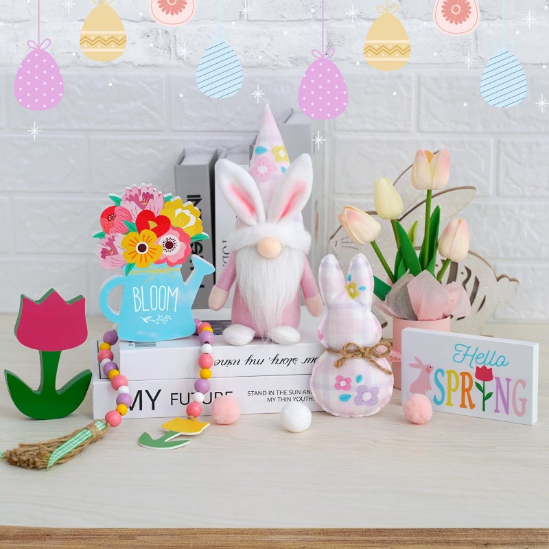 CRCZK Spring Decorations - 6PCS Bunny Gnome Tiered Tray & Wood Signs, Plus Plush Bunny & Flower Bead Garland for Easter & Farmhouse Kitchen Decor - Image 2