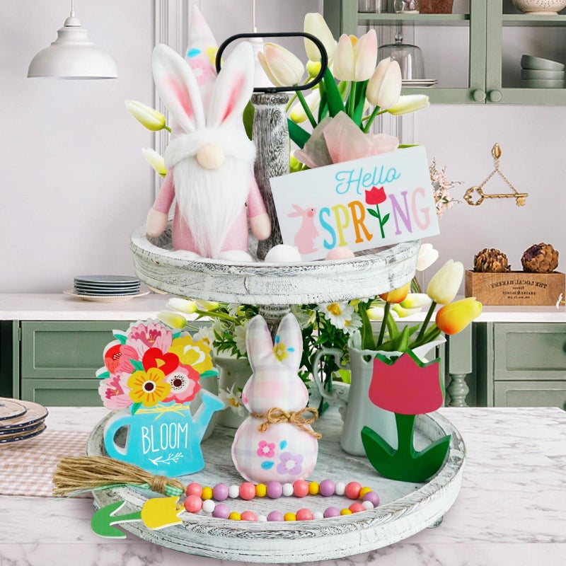 CRCZK Spring Decorations - 6PCS Bunny Gnome Tiered Tray & Wood Signs, Plus Plush Bunny & Flower Bead Garland for Easter & Farmhouse Kitchen Decor - Image 4