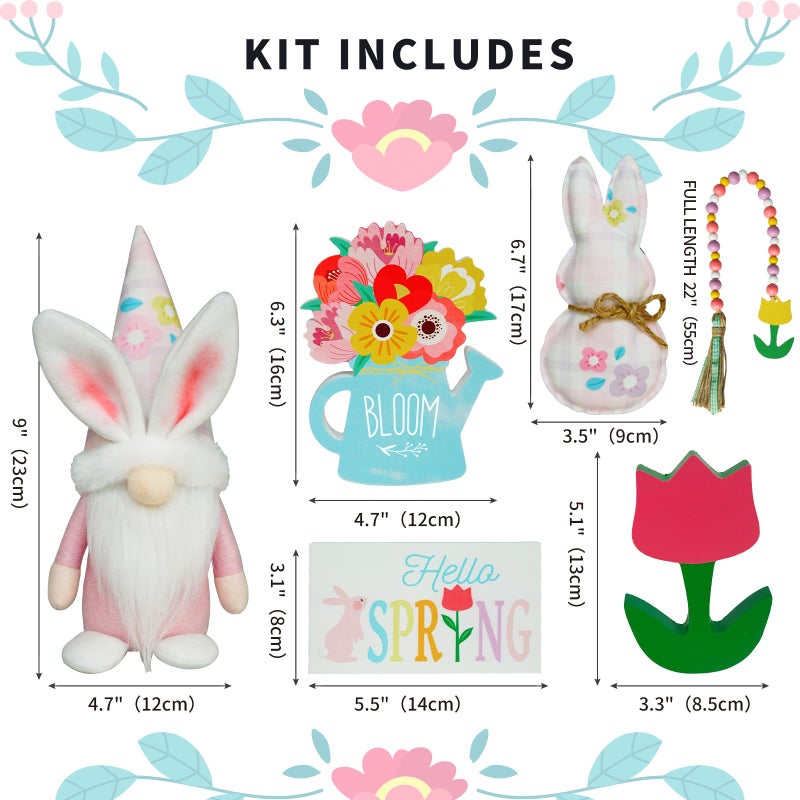CRCZK Spring Decorations - 6PCS Bunny Gnome Tiered Tray & Wood Signs, Plus Plush Bunny & Flower Bead Garland for Easter & Farmhouse Kitchen Decor - Image 3