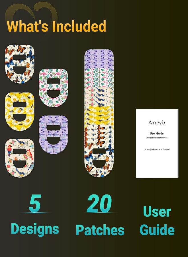 Amolyfe Omnipod 5 & Dash Adhesive Patches Waterproof, Amolyfe 20 Pack Omnipod Overpatches with Stretchable Strap, Breathable, Long-Lasting Medical Adhesive, Premium Hinged Tin (Butterfly) - Image 2