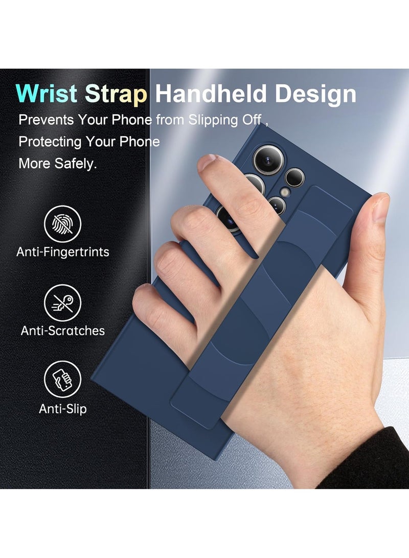 عام غطاء متوافق مع جالاكسي إس 24 أولترا من سامسونج مع سوار من السيليكون، لوحة خلفية ناعمة للجلد ومقاومة للصدمات من المادة البولي يوريثين اللينة، حامل جيب سهل الاستخدام بيد واحدة مع سوار للرسغ للهاتف. - Image 3