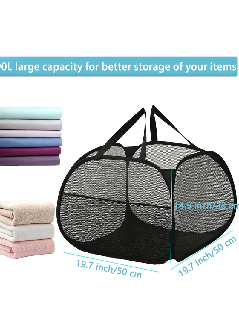 راكسوم سلة غسيل شبكية قابلة للطي، سلة غسيل قابلة للطي مع جيب جانبي، سلة تخزين ملابس قابلة للإزالة بمقبض لغرفة الغسيل، غرفة الدراسة الجامعية، الحمام، غرفة الأطفال، السفر، 95 لتر، أسود - Image 3