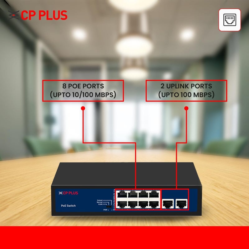 CP PLUS 10 منافذ إيثرنت سريعة مع 8 منافذ PoE (10/100 ميجابت في الثانية) و 2 منفذ رفع (100 ميجابت في الثانية) مفتاح POE | أقصى إخراج 30 واط من منفذ PoE واحد | مؤشرات ضوء LED | توصيل وتشغيل - CP-DNW-HPU8H2-96-V2 - Image 3