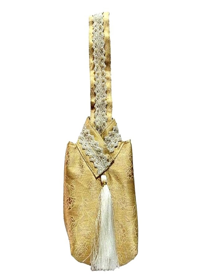 ATHZ Ethnic Handbags for Women Regal Ethnic Pouch Bag Studded with Pearl Lace Work Strap with White Silk Tassel Embelishment (Gold, White) - Image 1