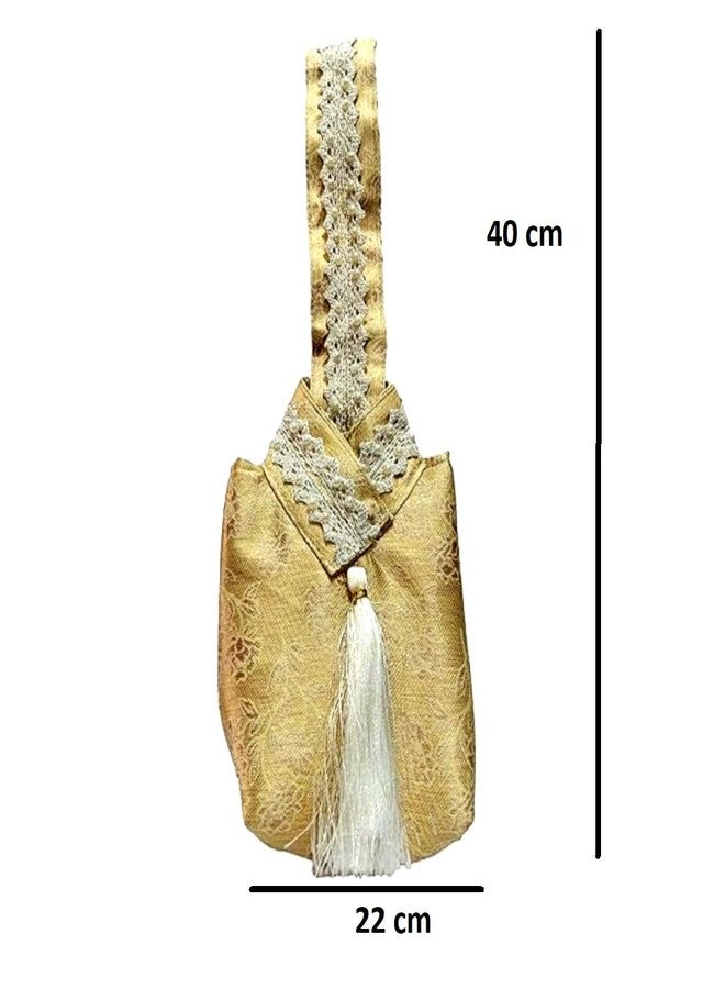 ATHZ Ethnic Handbags for Women Regal Ethnic Pouch Bag Studded with Pearl Lace Work Strap with White Silk Tassel Embelishment (Gold, White) - Image 2