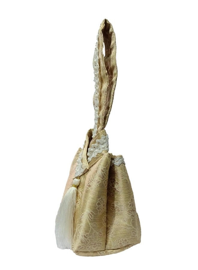 ATHZ Ethnic Handbags for Women Regal Ethnic Pouch Bag Studded with Pearl Lace Work Strap with White Silk Tassel Embelishment (Gold, White) - Image 5