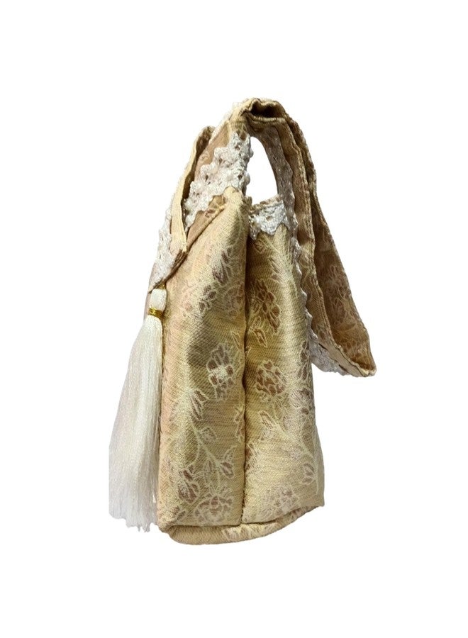 ATHZ Ethnic Handbags for Women Regal Ethnic Pouch Bag Studded with Pearl Lace Work Strap with White Silk Tassel Embelishment (Gold, White) - Image 4