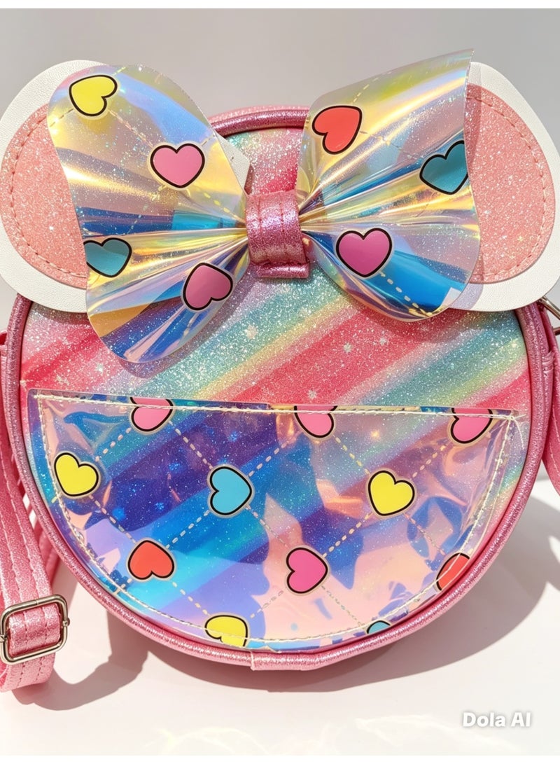 Crossbody Bag – Rainbow Glitter Mouse Ears Design with Bow, Adjustable Strap, Cute Shoulder Purse for Girls & Kids - Image 2