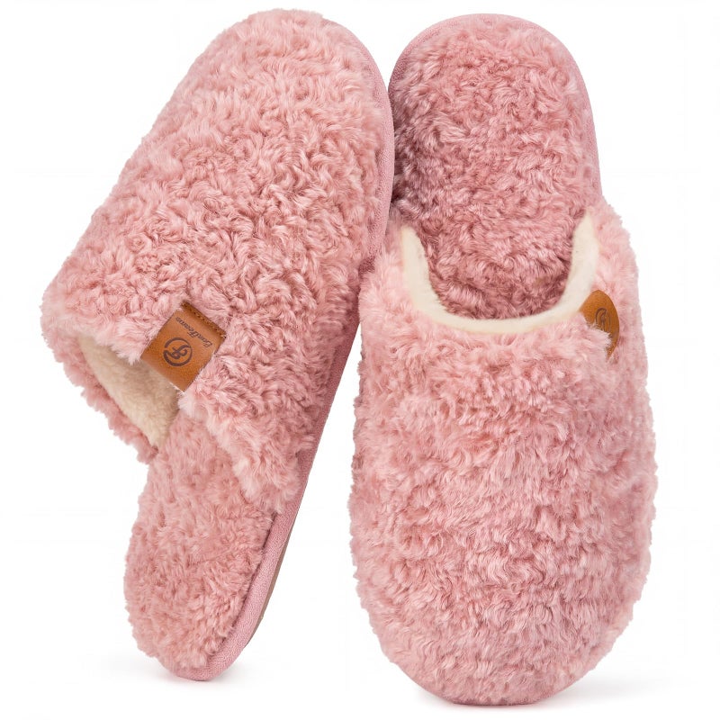 EverFoams Women's Fuzzy Slip-on Slippers Warm Cozy Soft Lightweight Memory Foam Indoor House Shoes Pink, 5-6 US - Image 1