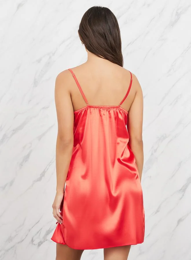 ستايلي Floral Lace Trim Satin Slip Dress with Slit Hem Bow Detail