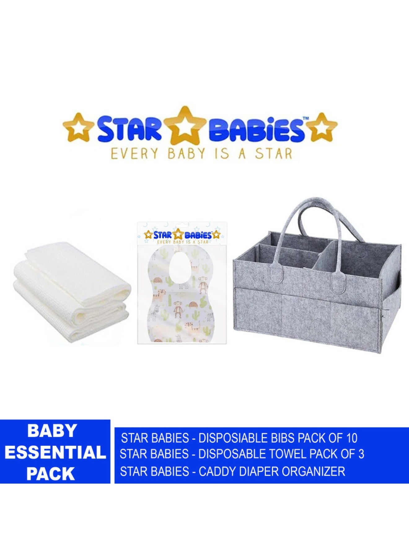 STAR BABiES Baby Essentials Pack Of 4 Caddy Organizer Diaper Bibs 10Pcs Towel 3Pcs Grey